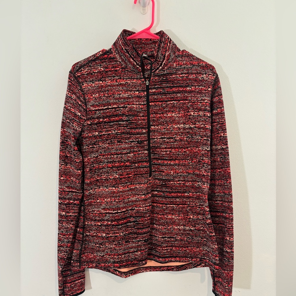 Nike Womens Large Dri-Fit Half Zip Red Black Pattern Long Sleeve Shirt Athletic